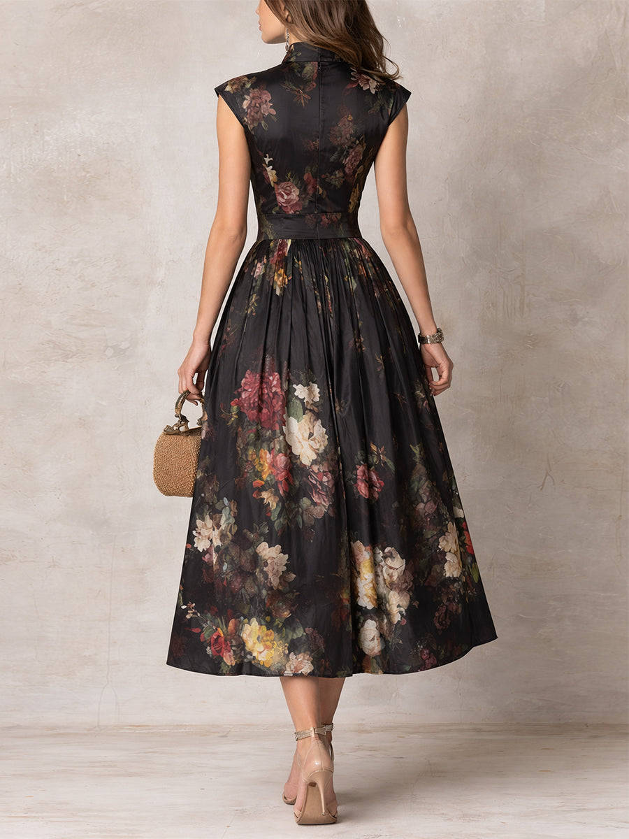 Clara™ | Floral Pleated Satin Midi Dress