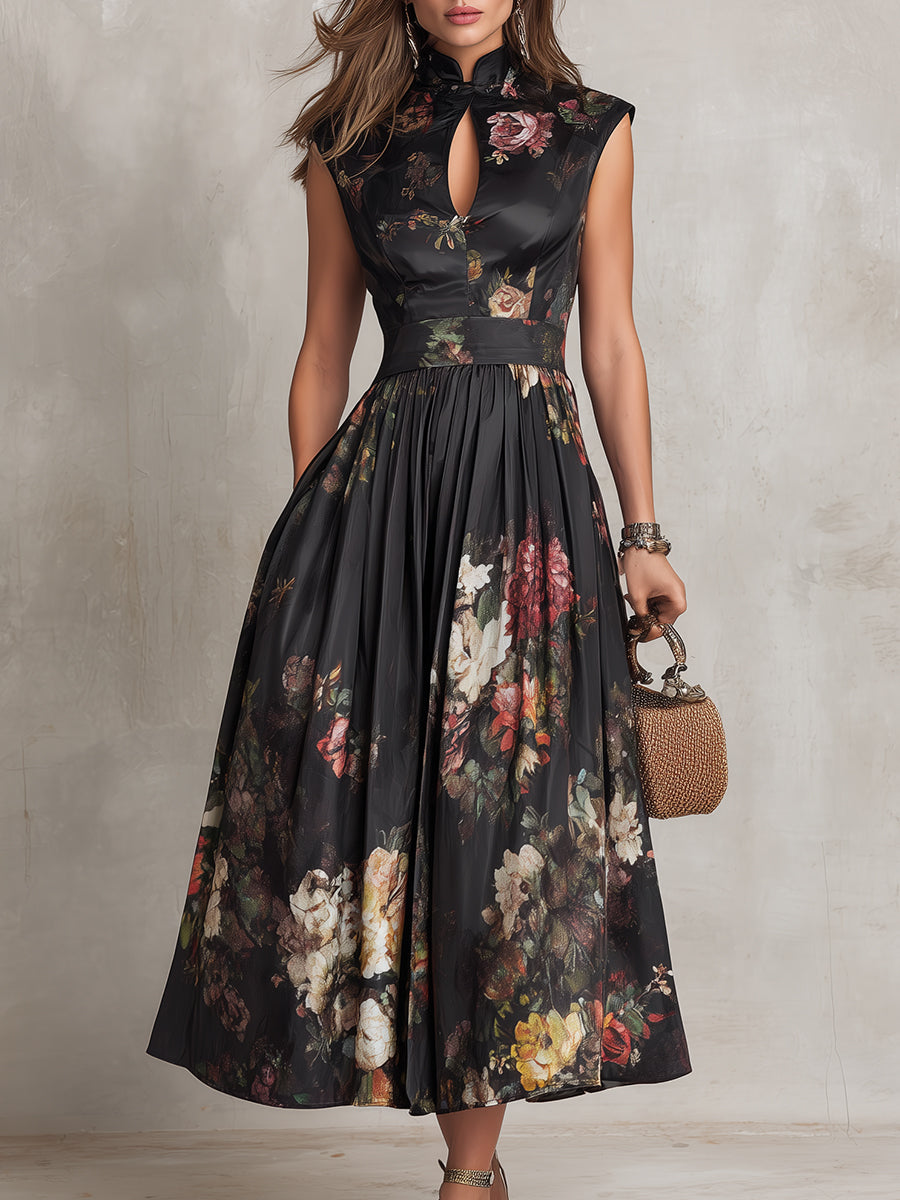 Clara™ | Floral Pleated Satin Midi Dress
