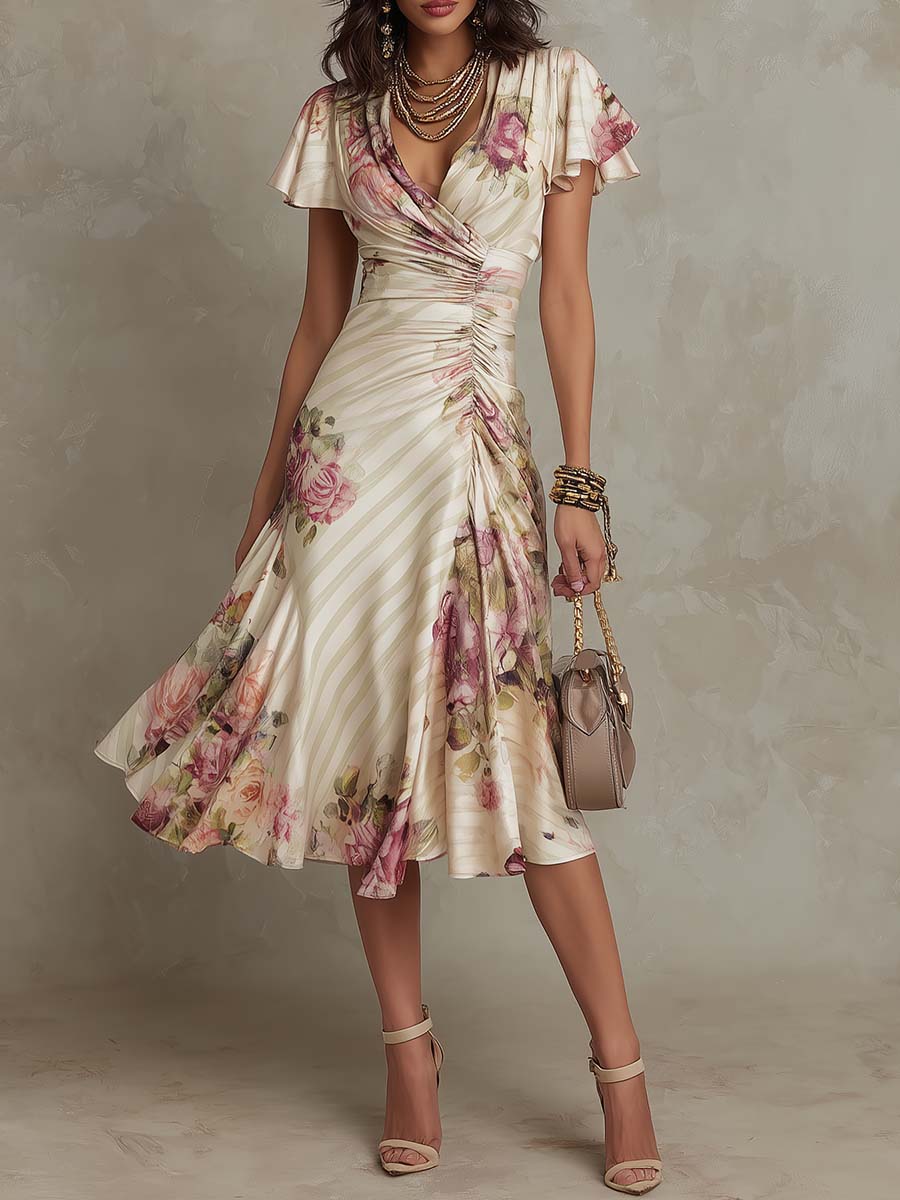 Juniper™ | Elegant Floral Ruched Wrap Midi Dress