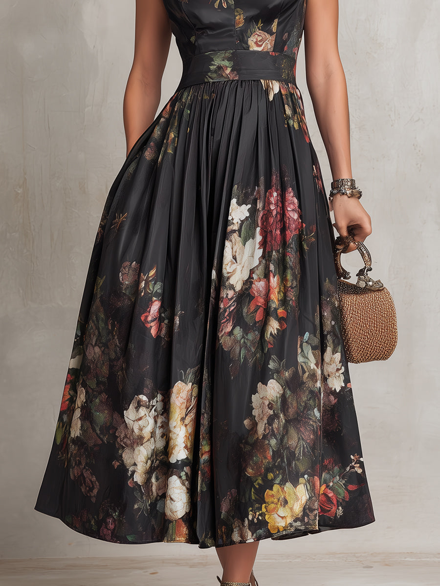Clara™ | Floral Pleated Satin Midi Dress