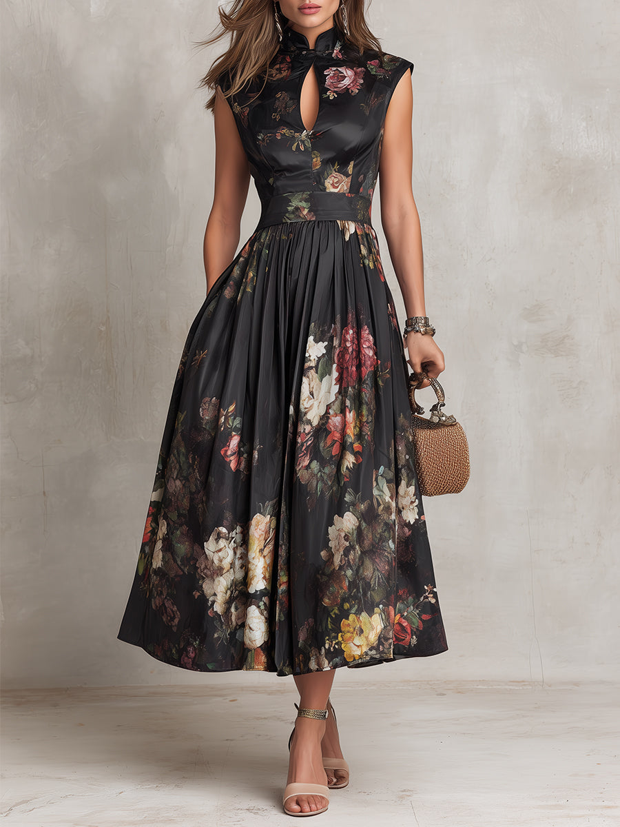 Clara™ | Floral Pleated Satin Midi Dress